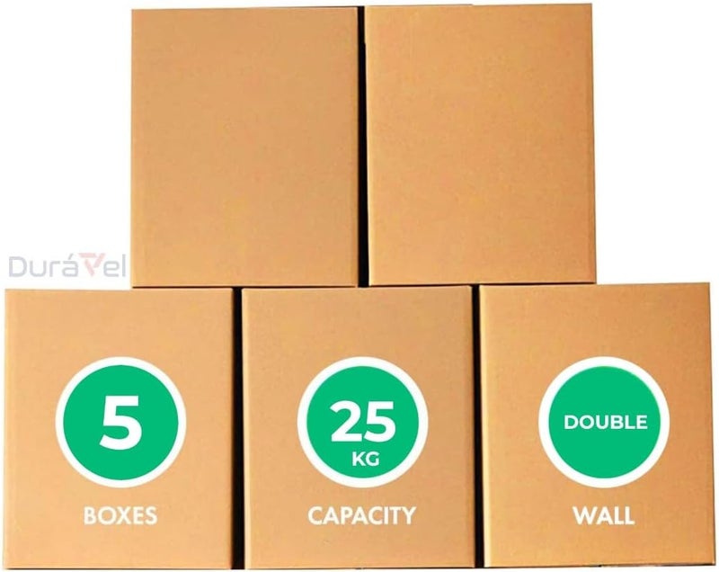 Duravel Carton Box Set Packing Boxes - 5 Sturdy Double Wall Cardboard Boxes with 25 Kg Capacity - Image 1